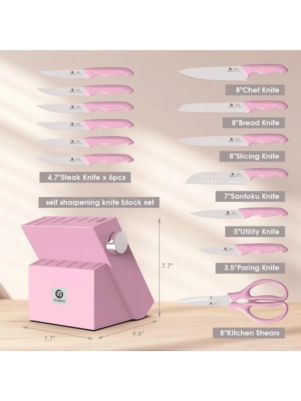 14-Piece Pink Kitchen Knife Set with Block & Built-in Sharpener, Ergonomic